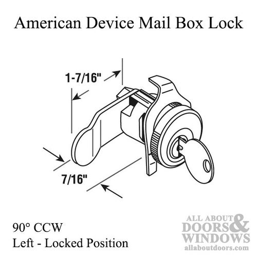 American Device Mail Box Lock - 90° CCW, Nickel, Locked Left - American Device Mail Box Lock - 90° CCW, Nickel, Locked Left