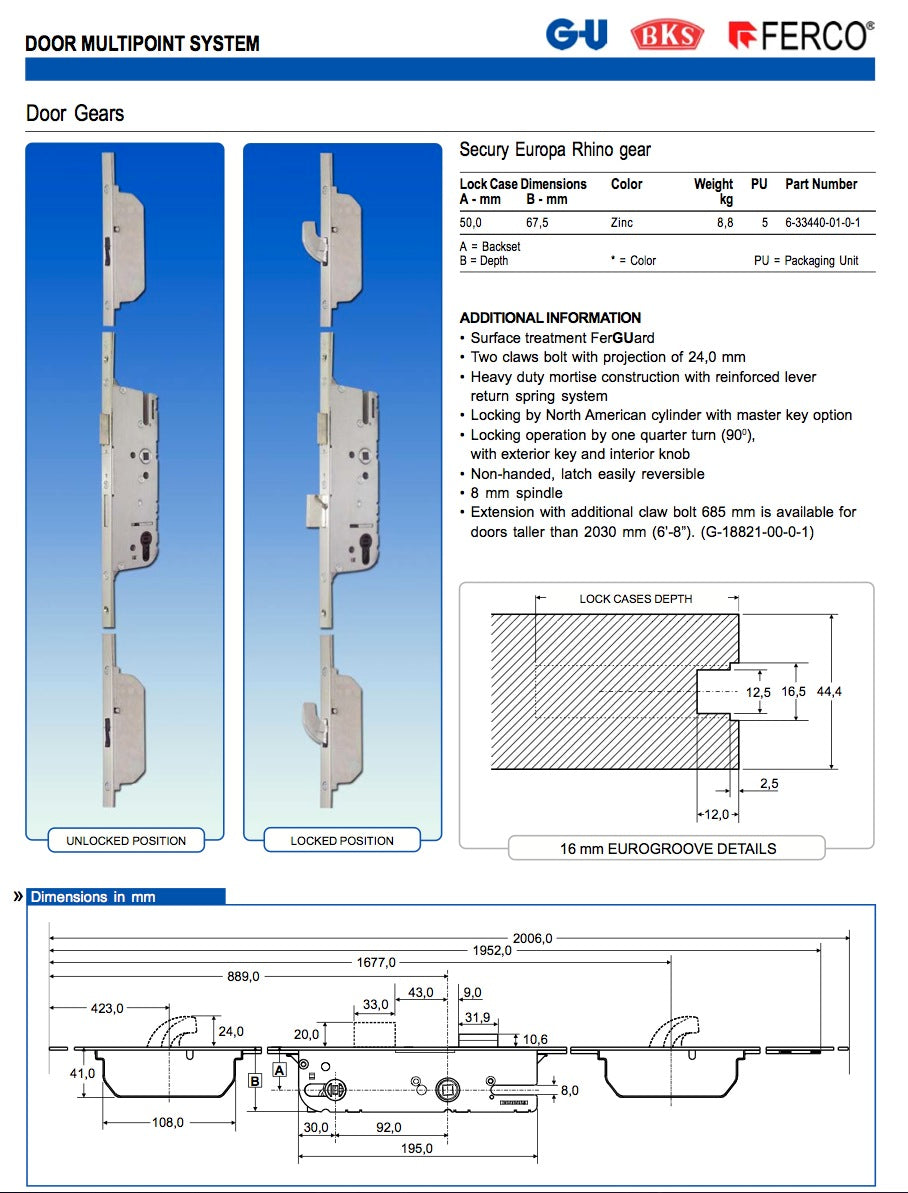 Rhino 50/92 Active 3-Point Hook Bolt , G-U / Ferco - Silver Ferguard - Rhino 50/92 Active 3-Point Hook Bolt , G-U / Ferco - Silver Ferguard