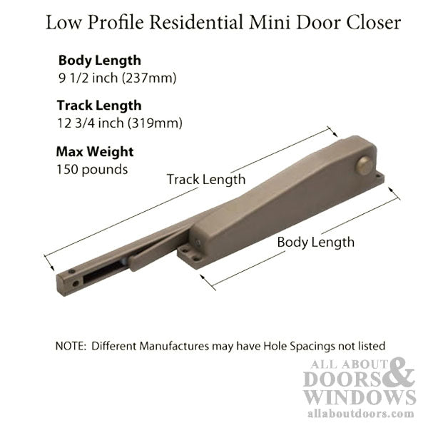 Low Profile Residential Mini Door Closer, 150 pound - Choose Color - Low Profile Residential Mini Door Closer, 150 pound - Choose Color