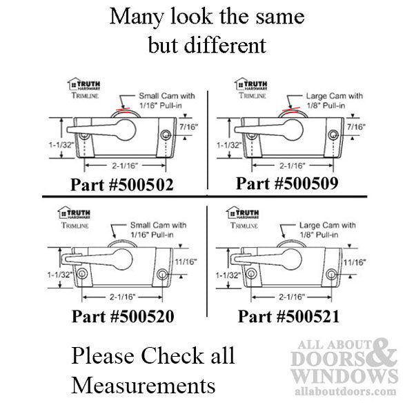 Truth Sash Lock For Casement Windows Trimline Sweep Sash Lock 2-1/16 inch screw holes 1/16 cam 7/16 offset - Truth Sash Lock For Casement Windows Trimline Sweep Sash Lock 2-1/16 inch screw holes 1/16 cam 7/16 offset