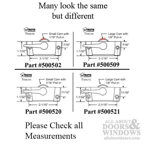 Truth Sash Lock For Casement Windows Trimline Sweep Sash Lock 2-1/16 inch screw holes 1/16 cam 7/16 offset - Truth Sash Lock For Casement Windows Trimline Sweep Sash Lock 2-1/16 inch screw holes 1/16 cam 7/16 offset