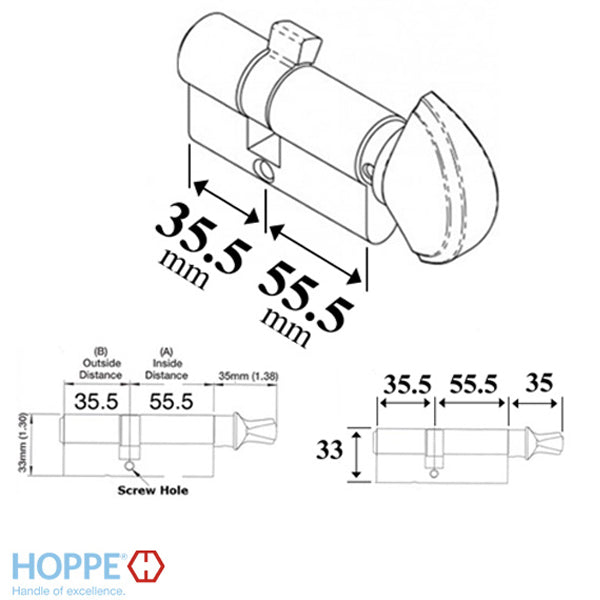 55.5/35.5 Hoppe Non Logo 90° Active Keyed Euro Profile Cylinder, Crescent Knob - 55.5/35.5 Hoppe Non Logo 90° Active Keyed Euro Profile Cylinder, Crescent Knob
