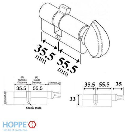 55.5/35.5 Hoppe Non Logo 90° Active Keyed Euro Profile Cylinder, Crescent Knob - 55.5/35.5 Hoppe Non Logo 90° Active Keyed Euro Profile Cylinder, Crescent Knob