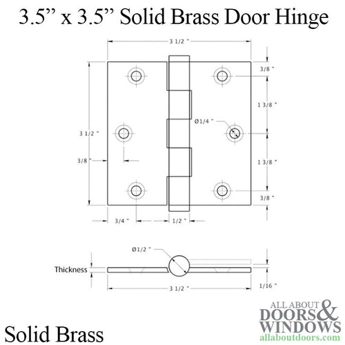 Door Hinge 3.5 x 3.5 inch, Square Radius Corners, Standard, Solid Brass - Choose Color - Door Hinge 3.5 x 3.5 inch, Square Radius Corners, Standard, Solid Brass - Choose Color