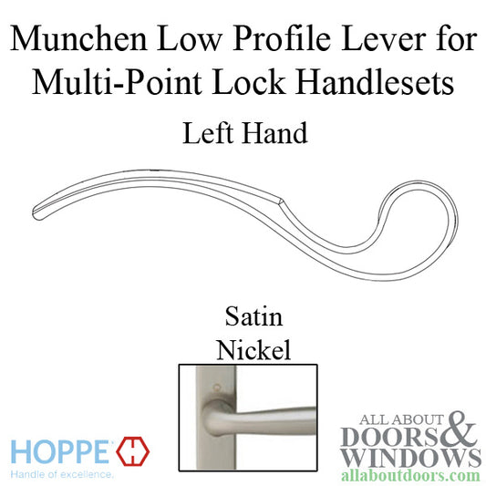 Munchen Low-Profile Lever Handle for Left Handed Multipoint Lock Handlesets - Satin Nickel