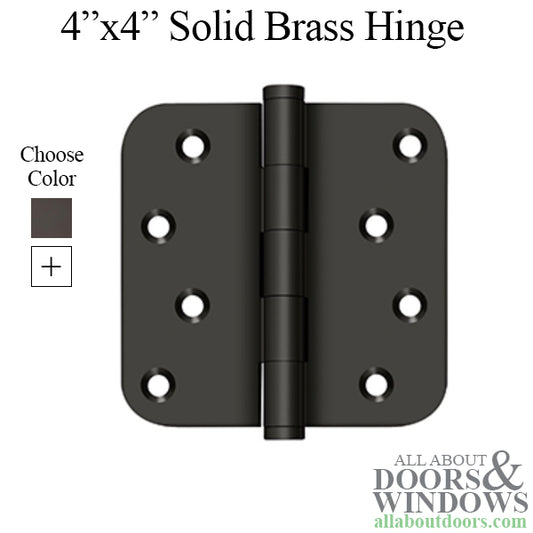 4 x 4 inch Solid Brass Hinge, 5/8 Radius Corners, Residential - Choose Color