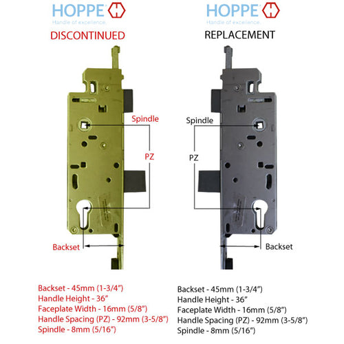 HOPPE 71 - 85-1/2 inch Tongue Multipoint Lock, 45mm backset Discontinued - See Replacement Options - HOPPE 71 - 85-1/2 inch Tongue Multipoint Lock, 45mm backset Discontinued - See Replacement Options