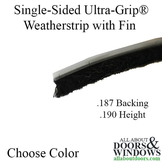 Weatherstrip, Flat Back Pile, .187 T-Backing x .190 Fuzzy Pile, UltraGrip, with Fin - Choose Color