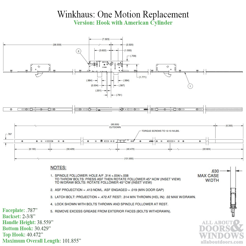 P2000 20mm 60/92 Active Lower 1 Hook European Winkhaus OML Replacement - P2000 20mm 60/92 Active Lower 1 Hook European Winkhaus OML Replacement