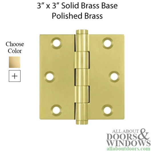 Door Hinge 3 x 3 inch, Square Radius Corners, Standard, Solid Brass - Choose Color