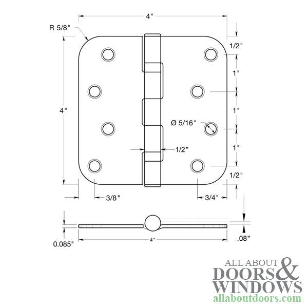 Residential Steel Hinge, Ball Bearings, 4 x 4 with 5/8