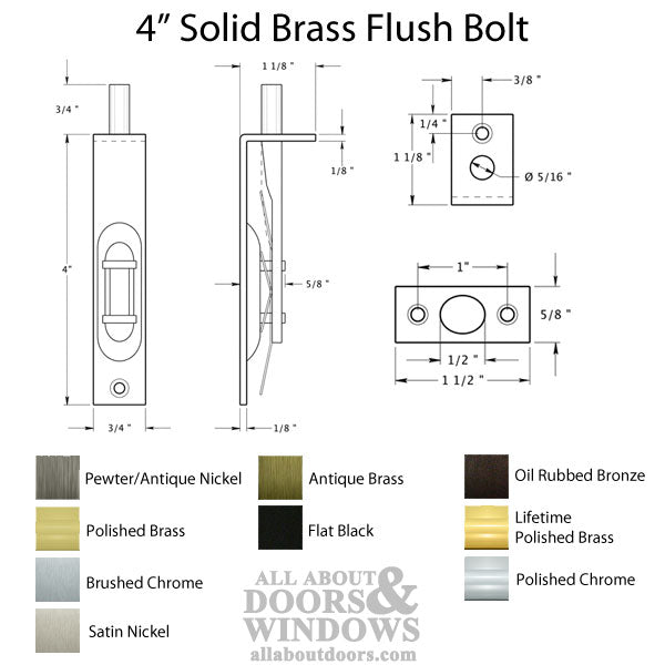 4'' Flush Bolt, Solid Brass - Choose your Finish - 4'' Flush Bolt, Solid Brass - Choose your Finish