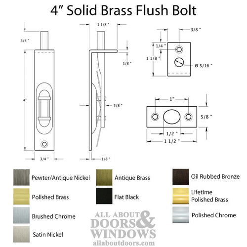 4'' Flush Bolt, Solid Brass - Choose your Finish - 4'' Flush Bolt, Solid Brass - Choose your Finish