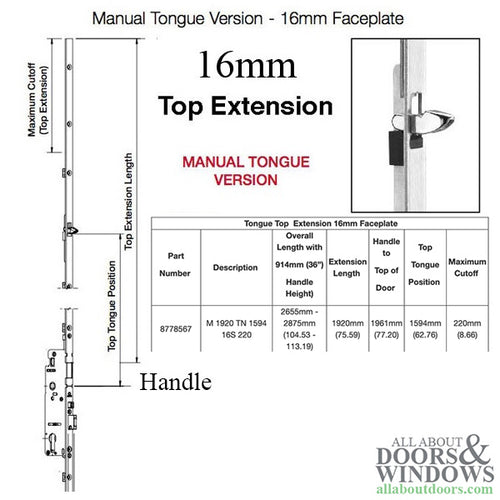 Hoppe 16mm Manual Top Extension, Tongue at 62.76
