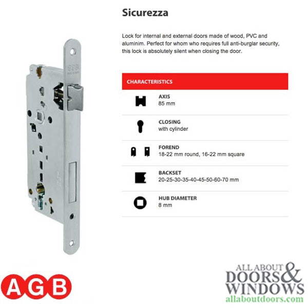 Single Point Mortise Lock Body 45/85 AGB - Chrome - Single Point Mortise Lock Body 45/85 AGB - Chrome