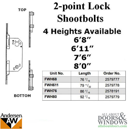 Andersen Passive 2-point Shootbolt Lock, 86-1/2 inch, 7-6 Frenchwood Door - Andersen Passive 2-point Shootbolt Lock, 86-1/2 inch, 7-6 Frenchwood Door