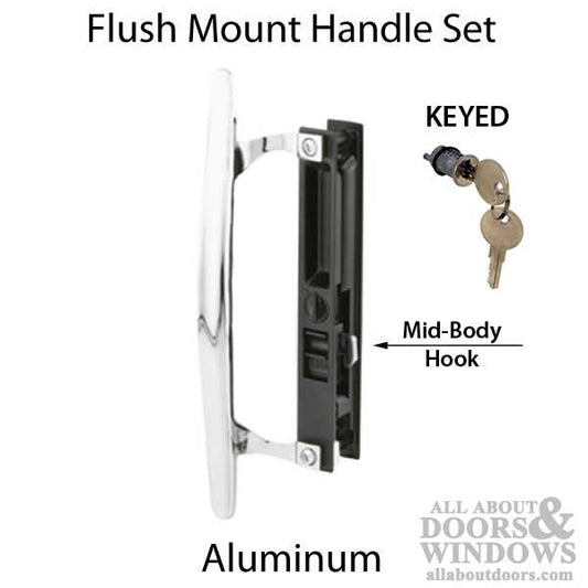 Keyed Handle Set, Mid-Body Hook, Flush Mount Sliding Patio Door - Chrome - Black