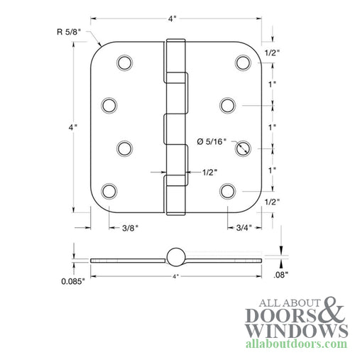 Residential Steel Hinge, Ball Bearings, 4 x 4 with 5/8