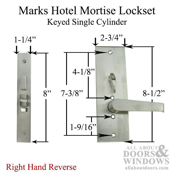 Marks Hotel Lever & Plate Mortise Lockset, Right Hand Reverse - Satin Chrome - Marks Hotel Lever & Plate Mortise Lockset, Right Hand Reverse - Satin Chrome