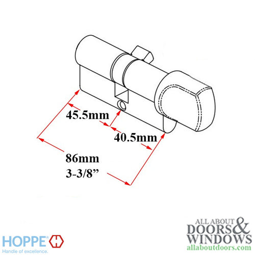 40.5/45.5 Hoppe 86mm  Euro 90° Profile cylinder, small thumb turn - Stainless Steel - 40.5/45.5 Hoppe 86mm  Euro 90° Profile cylinder, small thumb turn - Stainless Steel