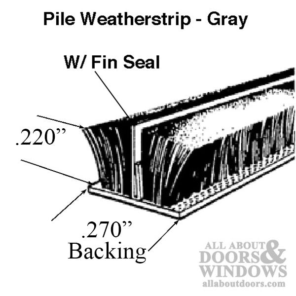 .270 backing x .220 Pile Weather-strip w/ Fin seal  - Gray or White - .270 backing x .220 Pile Weather-strip w/ Fin seal  - Gray or White