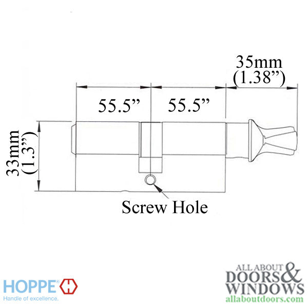 55.5/55.5, Hoppe Non-Logo 90 degree Keyed Euro Profile Cylinder - 55.5/55.5, Hoppe Non-Logo 90 degree Keyed Euro Profile Cylinder