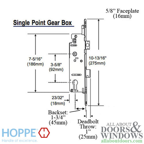 Hoppe Mortise Single Point Lock with Rotation Limiter 1 Inch Deadbolt Throw 45/92 Gear - Hoppe Mortise Single Point Lock with Rotation Limiter 1 Inch Deadbolt Throw 45/92 Gear