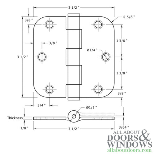 Door Hinge 3.5 x 3.5 inch, 5/8 Radius Corners, Heavy Duty, Steel - Door Hinge 3.5 x 3.5 inch, 5/8 Radius Corners, Heavy Duty, Steel