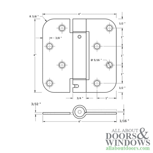 Spring Hinge 4 x 4 x 5/8 radius corner, BENCHMARK Screw Hole Pattern - Choose Finish - Spring Hinge 4 x 4 x 5/8 radius corner, BENCHMARK Screw Hole Pattern - Choose Finish