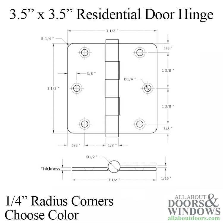 Door Hinge 3.5 x 3.5 inch, 1/4 Radius Corners, Residential, Solid Brass - Choose Color - Door Hinge 3.5 x 3.5 inch, 1/4 Radius Corners, Residential, Solid Brass - Choose Color