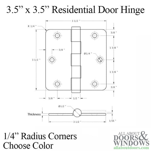 Door Hinge 3.5 x 3.5 inch, 1/4 Radius Corners, Residential, Solid Brass - Choose Color - Door Hinge 3.5 x 3.5 inch, 1/4 Radius Corners, Residential, Solid Brass - Choose Color