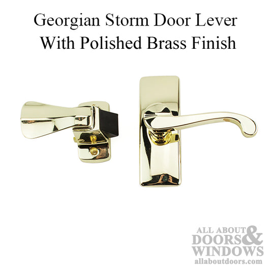 Georgian Lever and Storm Door Handle, Polished Brass, Mulitple Door Thickness