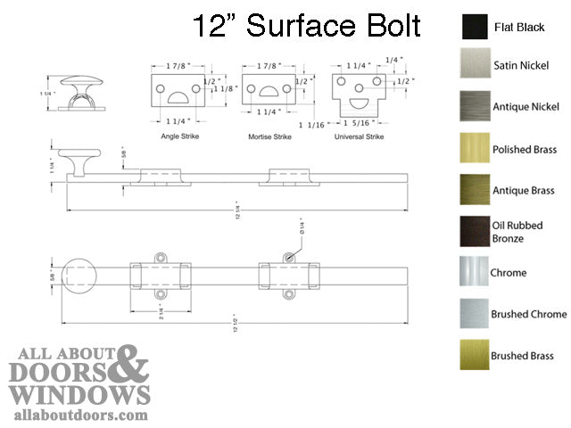 12'' Surface Bolt, Heavy Duty, Solid Brass 12 Inch Heavy Duty Surface Bolt - 9 Color Options - 12'' Surface Bolt, Heavy Duty, Solid Brass 12 Inch Heavy Duty Surface Bolt - 9 Color Options