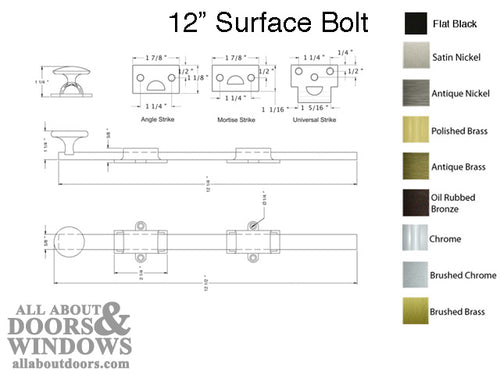 12'' Surface Bolt, Heavy Duty, Solid Brass 12 Inch Heavy Duty Surface Bolt - 9 Color Options - 12'' Surface Bolt, Heavy Duty, Solid Brass 12 Inch Heavy Duty Surface Bolt - 9 Color Options