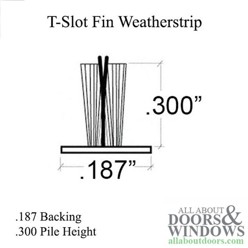 Weatherstrip For Storm Door T Slot Fin Seal  .187 Inch Backing .300 Inch Pile - Weatherstrip For Storm Door T Slot Fin Seal  .187 Inch Backing .300 Inch Pile