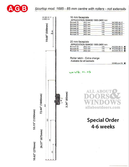 AGB Sicurtop 1685 MP Lock  4 roller cam  85PZ /  55mm backset - AGB Sicurtop 1685 MP Lock  4 roller cam  85PZ /  55mm backset