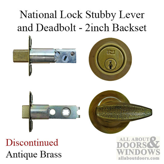 Discontinued National Lock Stubby Lever & Deadbolt with 2 Inch Backset -Antique Brass