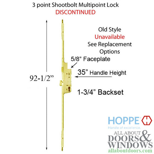 92-1/2 inch 3 point Shootbolt Multipoint Lock for Active Doors Discontinued Replacement Available - 92-1/2 inch 3 point Shootbolt Multipoint Lock for Active Doors Discontinued Replacement Available