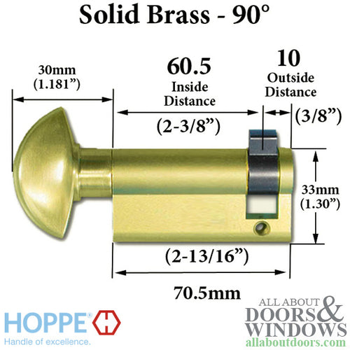 60.5/10 New Style HOPPE Inactive 90° Non-Keyed Profile Cylinder Lock, Solid Brass, Choose Finish - 60.5/10 New Style HOPPE Inactive 90° Non-Keyed Profile Cylinder Lock, Solid Brass, Choose Finish