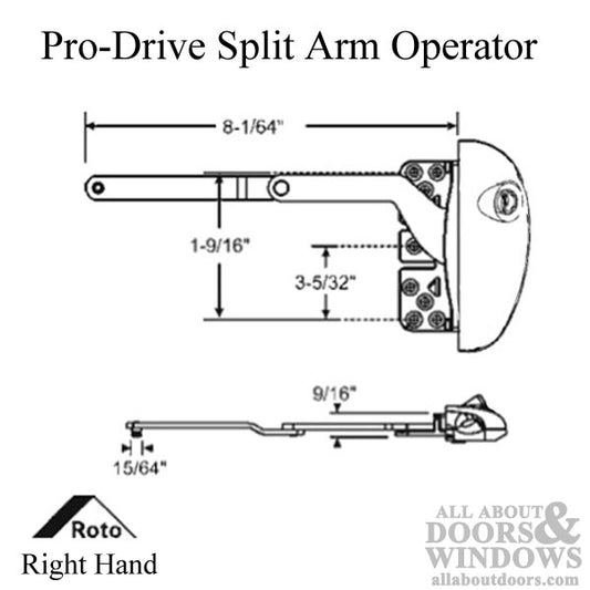 Roto  8-1/64" Split Arm inverted Pro Drive, RH For Vinyl Window Application - G2 Almond