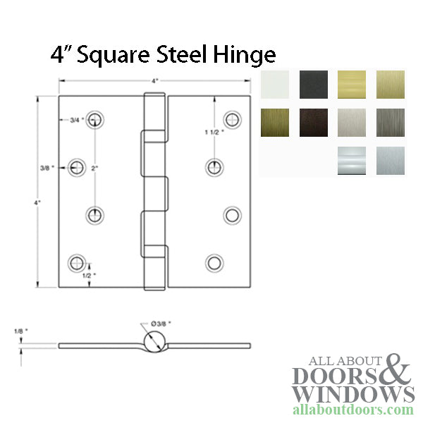 4 x 4 Steel Square Corner Residential Hinge, Pair, With Screws - Choose Color - 4 x 4 Steel Square Corner Residential Hinge, Pair, With Screws - Choose Color