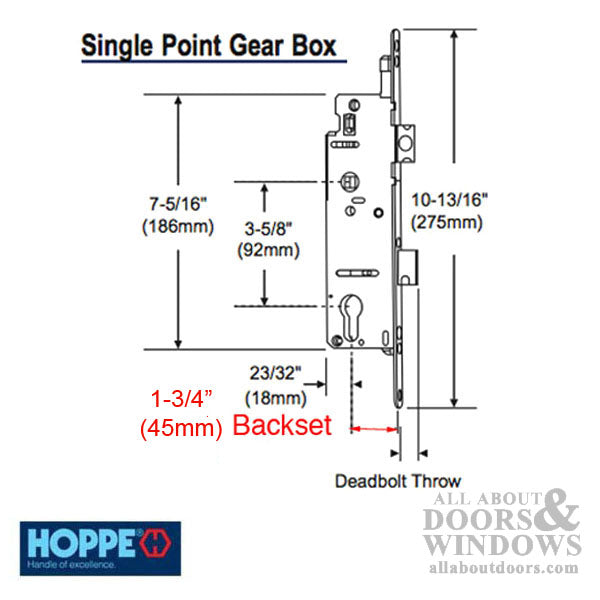 Hoppe Mortise Single Point Lock - 14mm Deadbolt Throw, 16mm Faceplate, 45/92 Gear - Hoppe Mortise Single Point Lock - 14mm Deadbolt Throw, 16mm Faceplate, 45/92 Gear