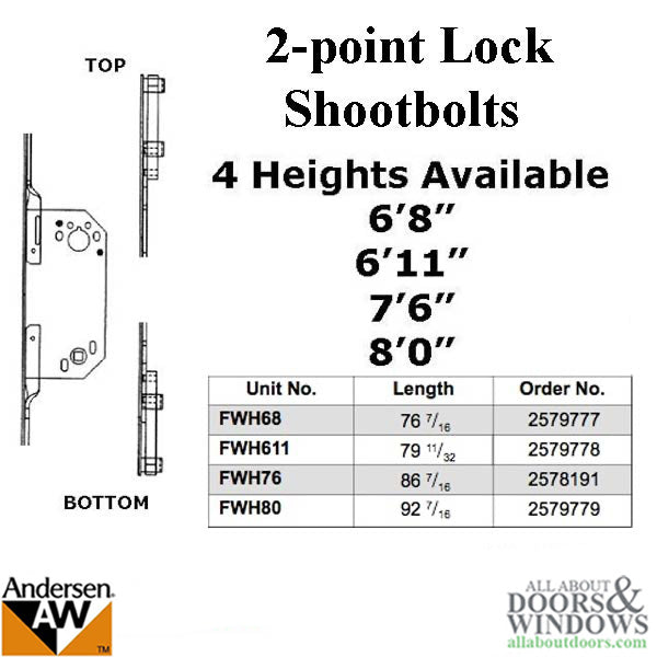 Andersen Passive 2-point Shootbolt Lock 76-1/2 inch, 6-8 Frenchwood Door - Andersen Passive 2-point Shootbolt Lock 76-1/2 inch, 6-8 Frenchwood Door