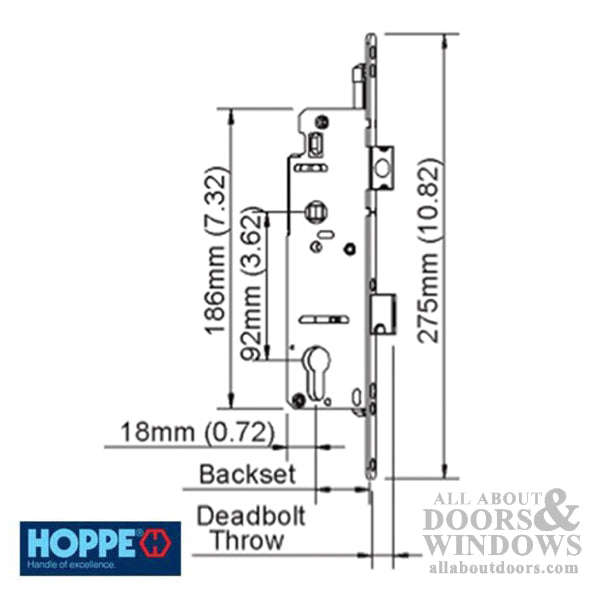 Hoppe Mortise Single Point Lock - 14mm Deadbolt Throw, 16mm Faceplate, 45/92 Gear - Hoppe Mortise Single Point Lock - 14mm Deadbolt Throw, 16mm Faceplate, 45/92 Gear
