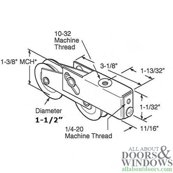 Tandem Roller Assembly, 1-1/2 Steel Ball Bearing heel, Sliding Glass Door - Tandem Roller Assembly, 1-1/2 Steel Ball Bearing heel, Sliding Glass Door