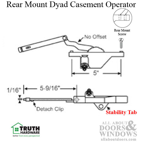 Rear Mounted Dyad Casement Operator with Stability Tab, 5-9/16, Left Hand - Choose Color - Rear Mounted Dyad Casement Operator with Stability Tab, 5-9/16, Left Hand - Choose Color