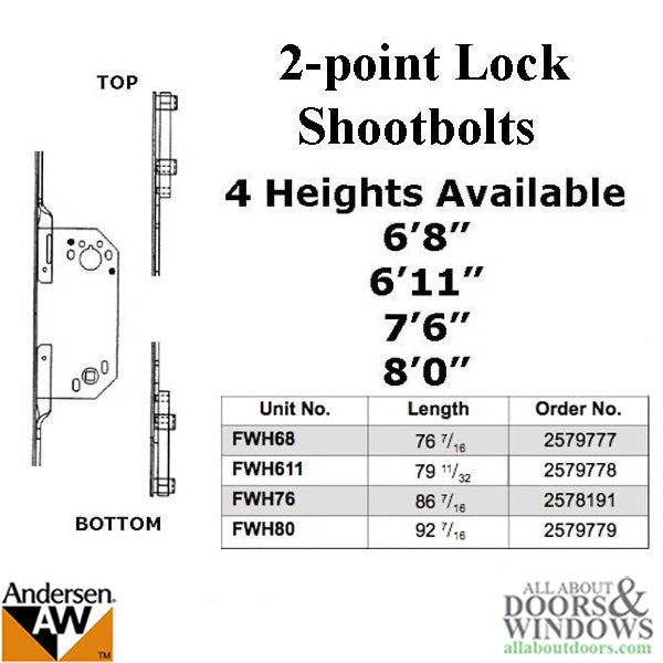 Andersen Passive 2-point Shootbolt Lock, 92-1/2 inch, 8-0 Frenchwood Door - Andersen Passive 2-point Shootbolt Lock, 92-1/2 inch, 8-0 Frenchwood Door