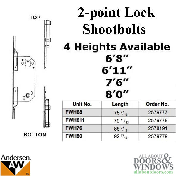 Andersen Passive 2-Point Shootbolt lock 79-1/4 inch FWH611 Frenchwood Door - Stainless - Andersen Passive 2-Point Shootbolt lock 79-1/4 inch FWH611 Frenchwood Door - Stainless