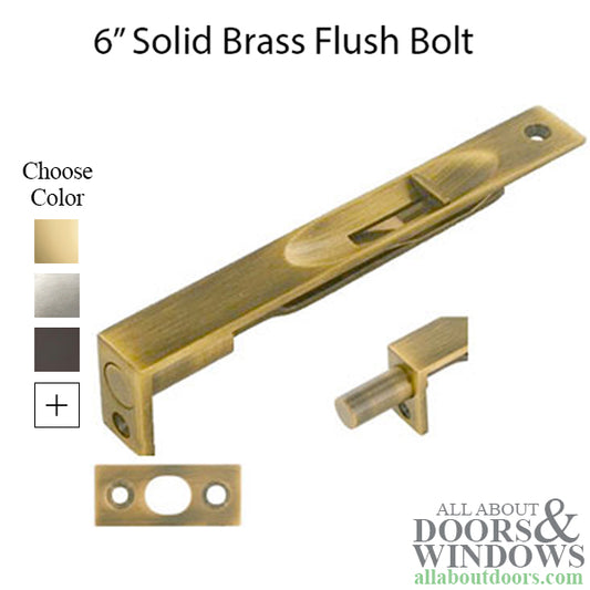 6" Flush Bolt Square Corner, Solid Brass - Choose Finish