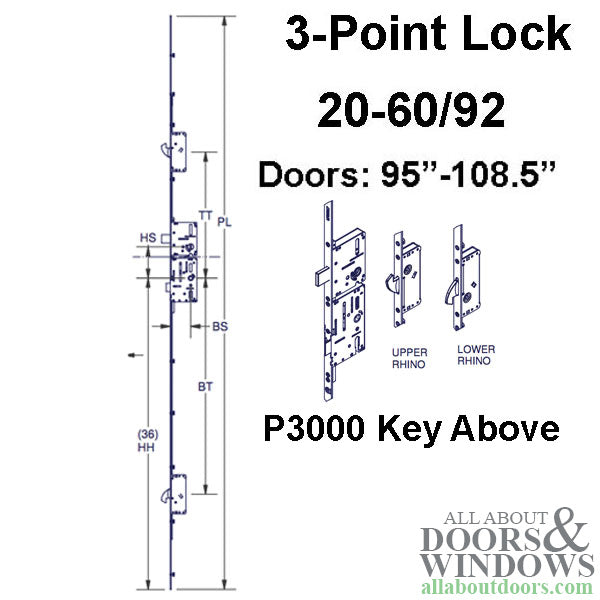 20mm P3000 Active Upper Assembly 60/92 3-point Rhino Hook for Doors 95